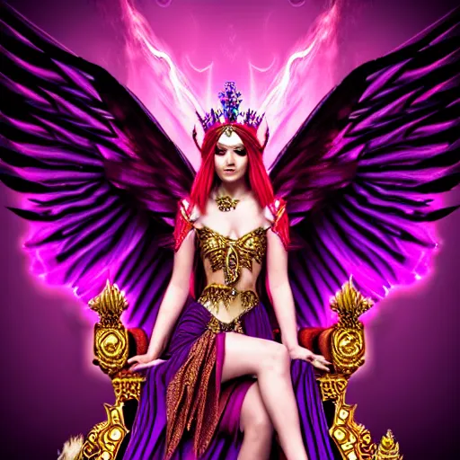 Image similar to Princess sorceress with red flaming bird wings on her back and sitting on an ornate throne dressed in a fancy purple dress, beautiful realistic face, Fantasy, Full Portrait, High detail, realistic, planeswalker