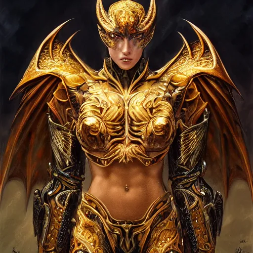 Image similar to a beautiful symmetrical muscular full body wearing a dragon armor with wings made of golden ornaments and gems, by alex gray and android jones , Karol Bak, Ayami Kojima, Amano , concept art, character design, fantasy,3D, 8k resolution