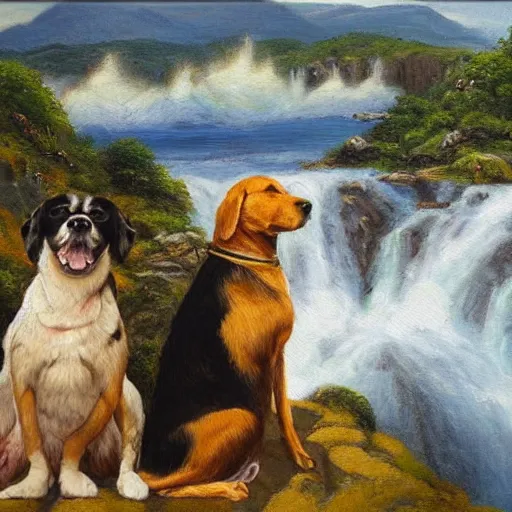 Image similar to two dogs are sitting on the a rock and looking at the bay, waterfall and fight of godzillas, oil painting, high detailed