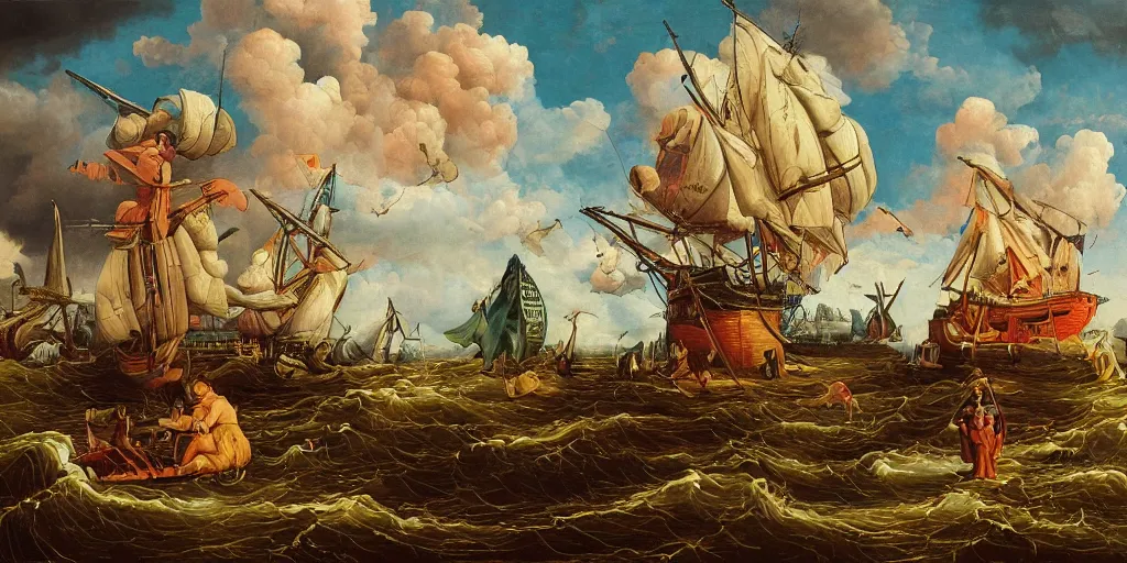 Image similar to refined dutch golden age oil painting pop surreal masterpiece in the style of robert williams,