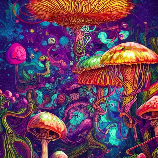 Image similar to trippy mushrooms, acrilic paint, digital, artstation, detailed intricate ink illustration, heavenly atmosphere, digital art, overdetailed art, concept art, complementing colors, trending on artstation, cgstudio, the most beautiful image ever created, dramatic, subtle details