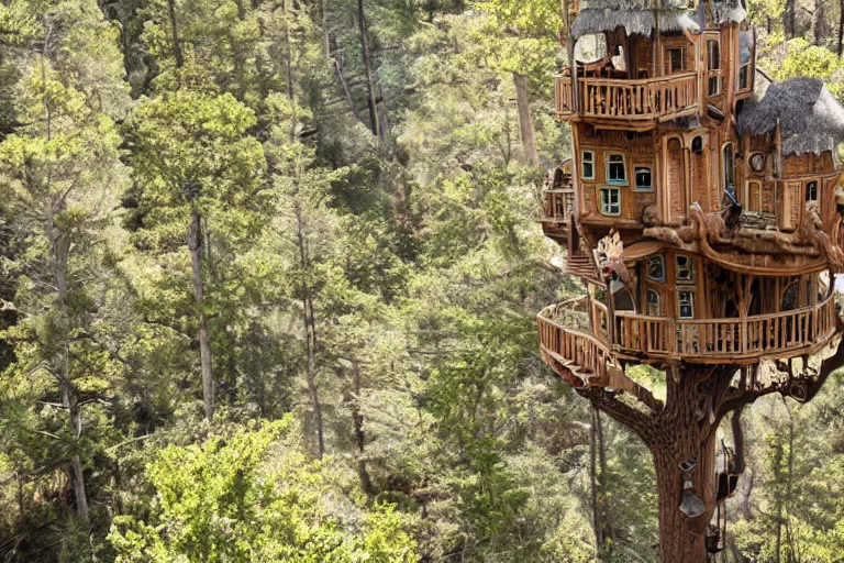 Image similar to an elaborate whimsical treehouse built on the top of a large canyon, hyperdetailed photograph