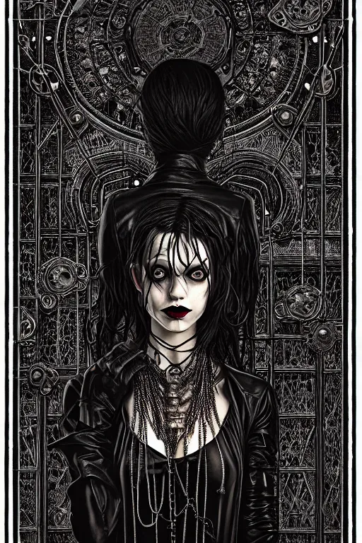 Image similar to dreamy gothic girl, black leather slim clothes, chains, factory tools, dark details, detailed acrylic, grunge, intricate complexity, by dan mumford and by alberto giacometti, peter lindbergh