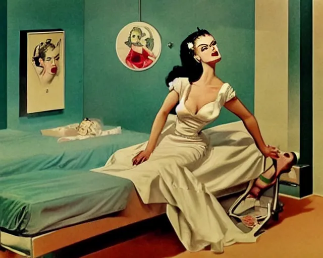 Prompt: phtorealistic modern 1 9 5 0 s style pin up of the bride of frankenstein posing in a bed in the room of a sanatarium, full body, campy color scheme, realistic, center, smooth, golden ratio, detailed, gil elvgren, earl moran, joyce ballantyne