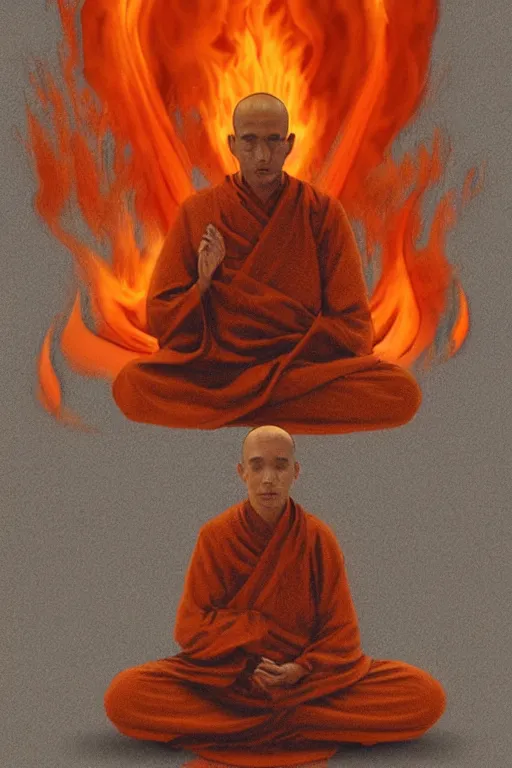 Image similar to A single monk meditating in flames by Afshar Petros, Trending on artstation.