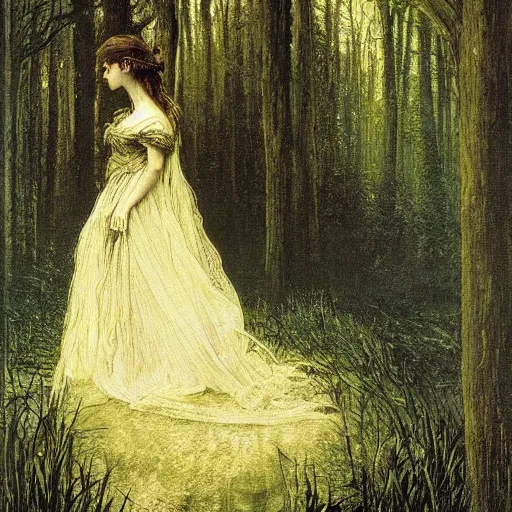 Image similar to A beautiful victorian woman, night, gothic dress, flowing hair, oil painting, portrait, magical forest, , glow, dramatic lighting, dramatic light, masterpiece, high detail, long shadow, amazing composition, detailed, painted by Caspar David Friedrich