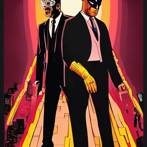 Prompt: batman versus gus fring, poster, movie poster, facing each other, side angle, imax, highly detailed, cel-shaded