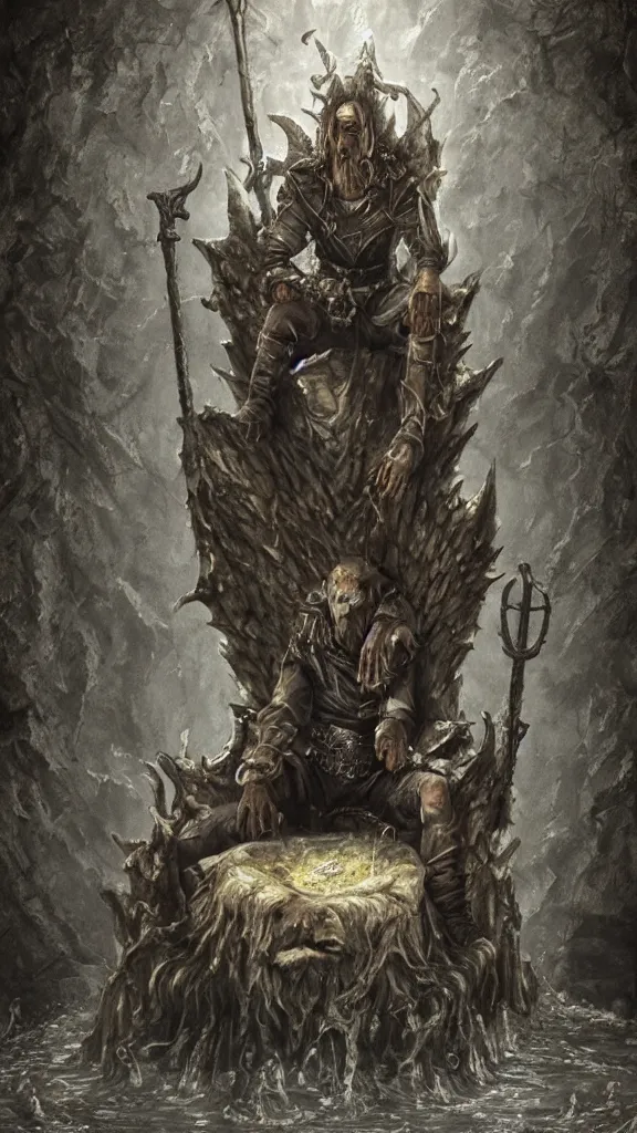 Image similar to the pisslord on his puddle throne, photorealistic, hyperrealistic, d & d, dungeons and dragons, dark fantasy art, satanic, urine, evil, regal, ( surreal )