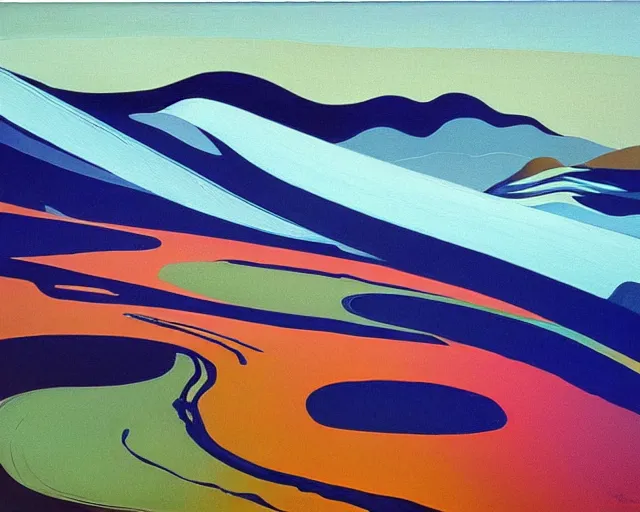 Prompt: A wild, insane, modernist landscape painting. Wild energy patterns rippling in all directions. Curves, organic. Saturated color. Mountains. Clouds. Rushing water. Wayne Thiebaud.