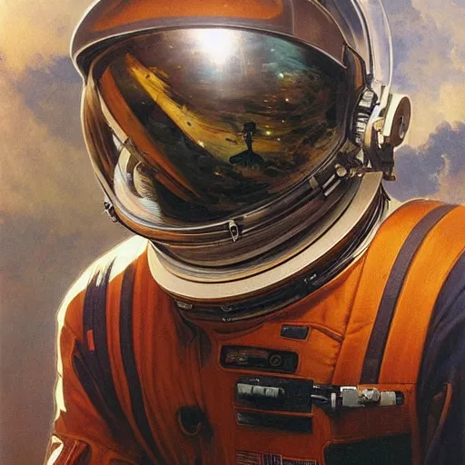 Image similar to a close up painting of an astronaut floating in space. his helmet visor is dark and reflective. you can see the reflection of the photographer in his helmet visor. by artgerm and greg rutkowski and alphonse mucha