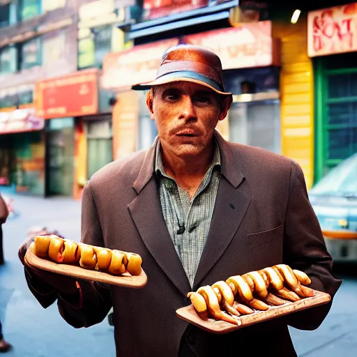 Image similar to closeup portrait of a shady snake oil salesman selling hotdogs in a smoky new york back street, by Annie Leibovitz and Steve McCurry, natural light, detailed face, CANON Eos C300, ƒ1.8, 35mm, 8K, medium-format print
