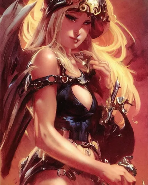 Image similar to a portrait of a cute fantasy girl by frank frazetta, larry elmore, jeff easley and ross tran