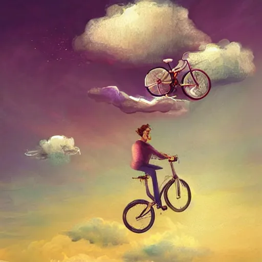 Prompt: A whimsical painting of a happy man flying in the sky on his bicycle in the clouds, digital art by Ross Tran and Salvador Dali