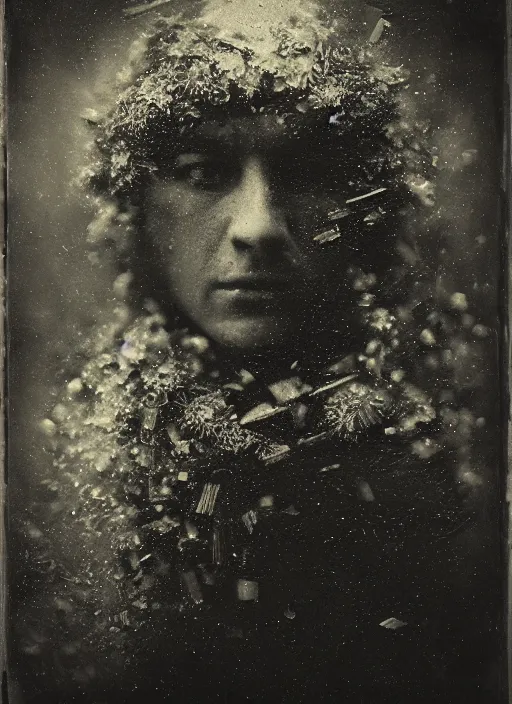 Image similar to old wetplate daguerreotype portrait, negative burn, explosion of data fragments, fractal, intricate, elegant, highly detailed, parallax, leica, medium format, subsurface scattering, by jheronimus bosch and greg rutkowski and louis jacques mande daguerre