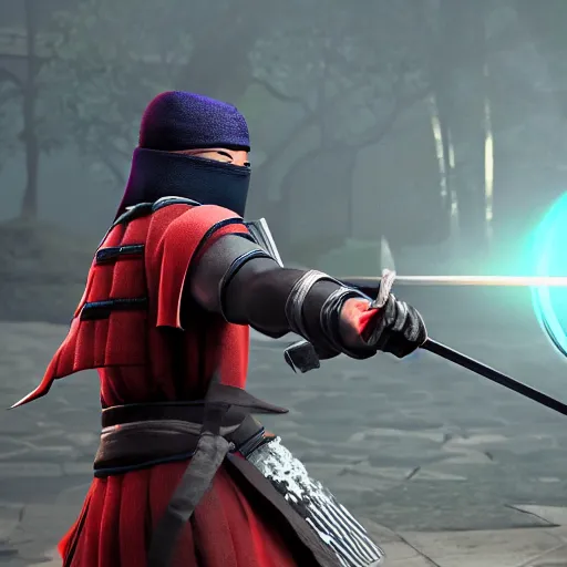 Prompt: Ninja samurai android open world video game, unreal engine 5 cinema4D octane render Detailed, cinematographic