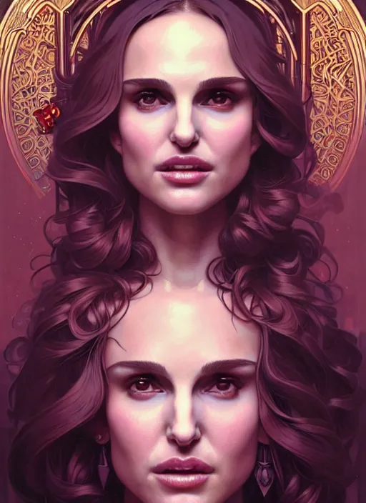 Image similar to portrait of natalie portman, volumetric lights, feast, music notes, art nouveau botanicals, gothic, intricate, highly detailed, digital painting, artstation, concept art, smooth, sharp focus, symmetric face, illustration, steampunk, art by artgerm and greg rutkowski and alphonse mucha