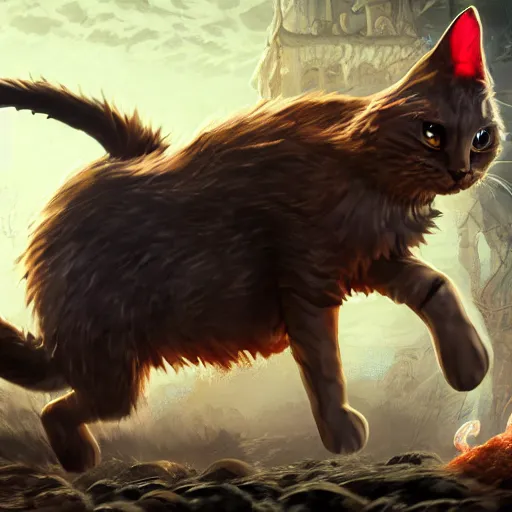 Image similar to deeply scared cat running away from the giant carnivorous sandwich, artstation hq, dark phantasy, stylized, symmetry, modeled lighting, detailed, expressive, true unsimulated emotions, created by hidetaka miyazaki, dark souls 3 artstyle