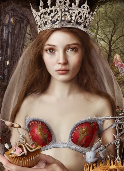Image similar to closeup medieval bosch face portrait of a fairytale princess wearing a crown eating cakes in the castle, bikini, depth of field, zeiss lens, detailed and intricate environment, fashion photoshoot by nicoletta ceccoli, mark ryden, lostfish, breathtaking, 8 k resolution, extremely detailed, beautiful, establishing shot, artistic, hyperrealistic, octane render