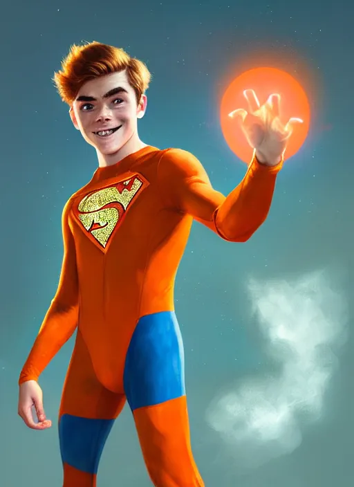 Image similar to friendly teenage archie andrews wearing an orange superhero costume, freckles, superhero costume with heart emblem, cape, intricate, elegant, glowing lights, highly detailed, digital painting, artstation, sharp focus, illustration, art by wlop, mars ravelo and greg rutkowski