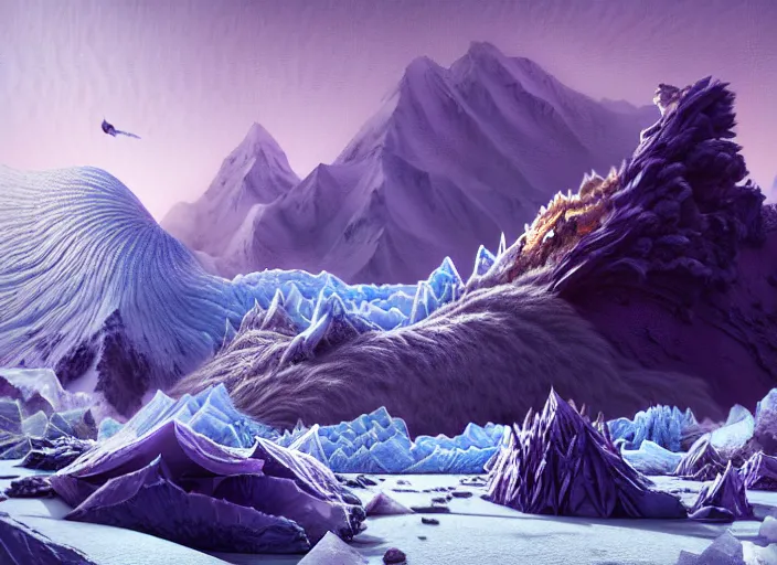 Image similar to detailed intricate digital illustration by greg rutkowski and wlop and sanford robinson gifford ; icy glacier landscape with shards of purple glistening geode sticking up from the ground like mountains, puffy clouds and snow ; 1 3 mm film, arri alfa anamorphic lens ; sharp focus, golden hour lighting, trending on artstation 4 k