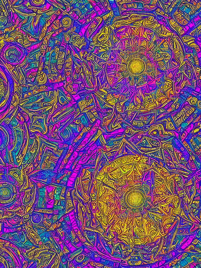 Image similar to a Symmetrical geometric photo realistic psychedelic mandala made from cybernetic structures With astrological details, brightly colored with a central focus , intricate lines and very detailed patterns made of metallic structures morphing into infinity , Alex grey and 70’s rock poster styling 3d