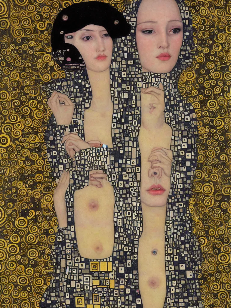 Image similar to isometric symmetrical futuristic female portrait by klimt