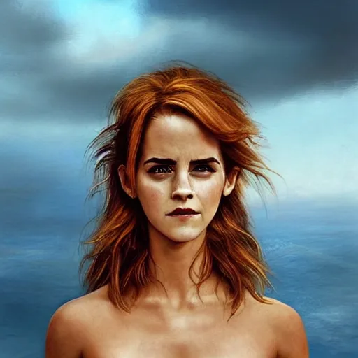 Prompt: Africa, beautiful portrait of Very funny actress Emma Watson like a ginger big red monkey, face like monkey with banana, Emma Watson actress blended monkey face paint, like , powerful , magic, thunders, dramatic lighting, intricate, wild, highly detailed, digital painting, artstation, concept art, smooth, sharp focus, illustration, art by artgerm and greg rutkowski and alphonse mucha, footage