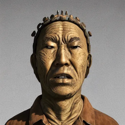 Image similar to photorealistic fossilised bronze sculpture face portrait of chinese uyghur muslim prisoner, wearing victorian rags, elite, disfigured, drooling, moist, unnatural movement, they are unhappy, bizzaro, renaissance, by emedios varo and anato finnstark and fenghua zhong and giacometti, hyperrealism, 8 k, 3 d, masterpiece, texture