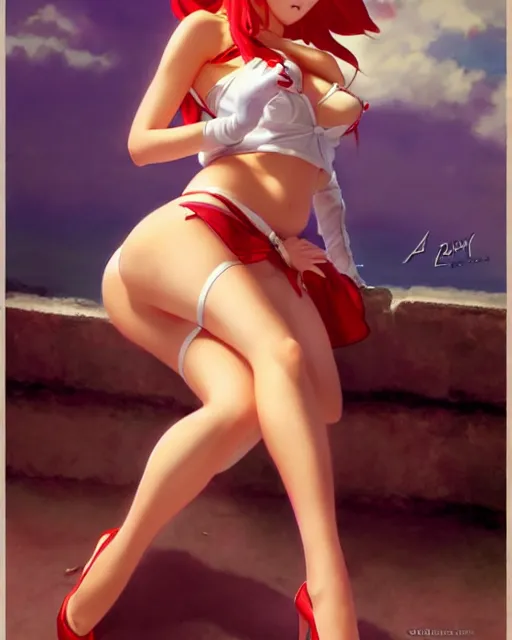 Image similar to pinup photo of asuna from sao, hot asuna by, by greg rutkowski, gil elvgren, glossy skin, pearlescent, anime, maxim magazine,