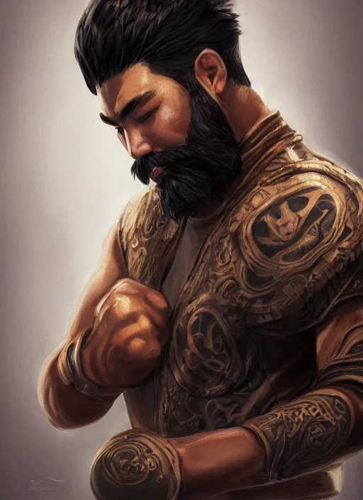 Image similar to a highly detailed illustration of bearded asian man wearing leather jacket with bandaged right hand, focused boxing philly shell stance pose, hands shielding face, intricate, elegant, highly detailed, centered, digital painting, artstation, concept art, smooth, sharp focus, league of legends concept art, WLOP