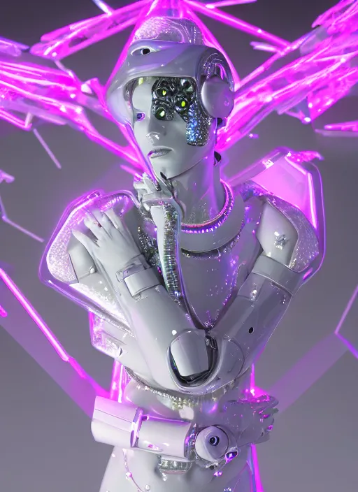 Image similar to photo of fullbodied baroque and bladerunner delicate neon diamond sculpture of robot onyx albino marble prince kai harvatz dotado pink iridescent robotic mask psychedelic, reclining, glowing magenta face, crown of white diamonds, cinematic lighting, photorealistic, octane render 8 k depth of field 3 d