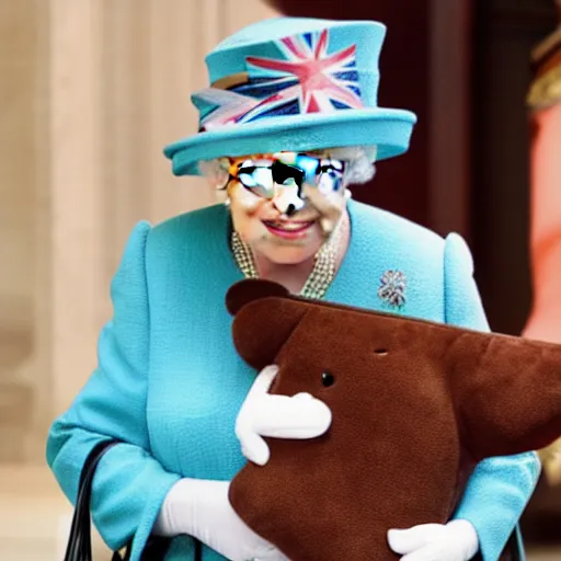 Image similar to The Queen of England holding an anime plush pillow and smiling