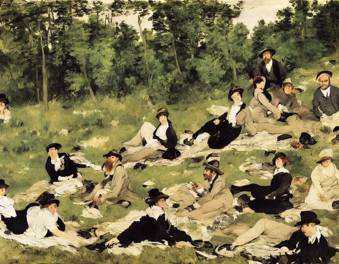 Image similar to edouard manet. very close up detailed depiction of people picknick on a blanket on a meadow in the woods. woman and men dressed in black. blanket, beer, music. one woman with three men. a very nice an afternoon with the. little river in background. dark forest. hyperrealistic.
