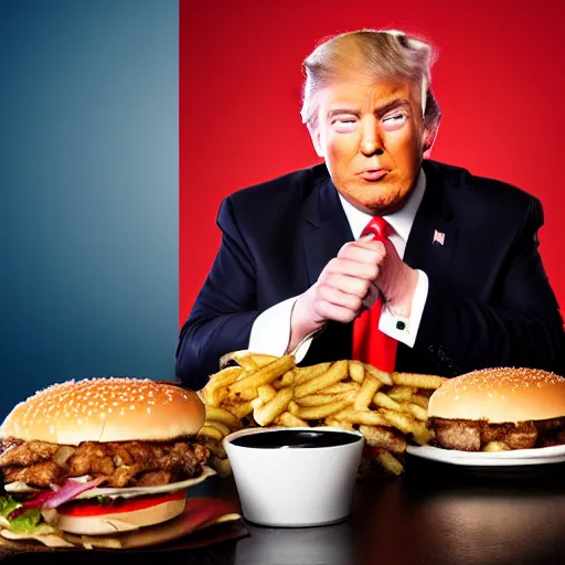 Image similar to donald trump eating an entire bowl filled with burgers, studio portrait photo, studio lighting, key light, food photography