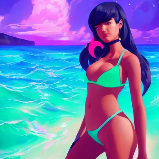 Image similar to neon bikini woman in the ocean | hyperrealistic digital painting by makoto shinkai, ilya kuvshinov, lois van baarle, rossdraws | afrofuturism in the style of hearthstone and overwatch, trending on artstation