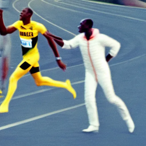 Image similar to usain bolt racing against an astronaut on the moon, kodachrome film