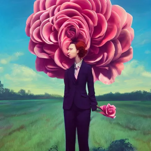 Image similar to giant rose flower head, frontal, girl in a suit, surreal photography, sunrise, dramatic light, impressionist painting, digital painting, artstation, simon stalenhag