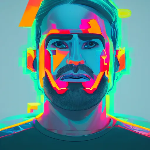 Image similar to a man with a tv head, glowing melting screen and pixels, 3 d art, high contrast, highlights, glitch art, dark background, trending on artstation