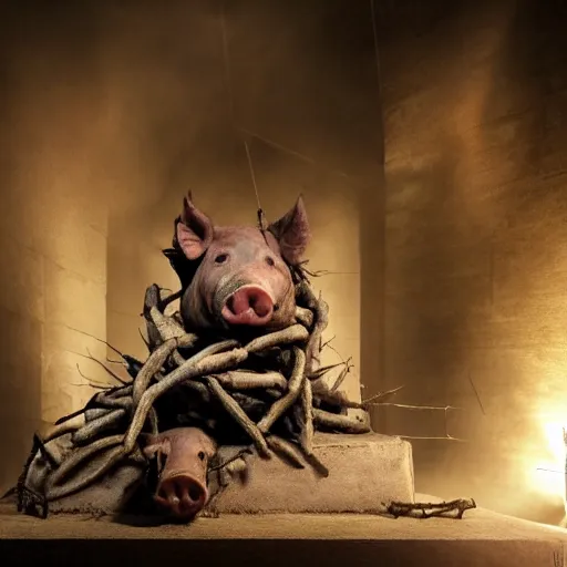 Image similar to a highly detailed realistic photographic render of dead souls worshipping a severed head of a pig with crown of thorns , dead souls, religious sculpture, creepy, cinematic lighting, cinematic scene, Volumetric lighting, Atmospheric scene, Dark, Horror, Atmospheric lighting, Global illumination, realistic, photo realism, hyper realistic, hyper realism, photo realisitc, cinematic render, film, beautifully lit, ray traced, octane 3D render, octane render, unreal engine