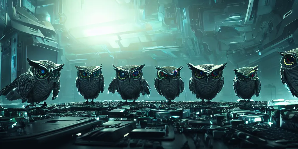 Image similar to an army of evil, malevolent, giant cyborg owls surrounded by computers and computer screens. this 4 k hd image is trending on artstation, featured on behance, well - rendered, extra crisp, features intricate detail and the style of unreal engine. volumetric lighting octane render