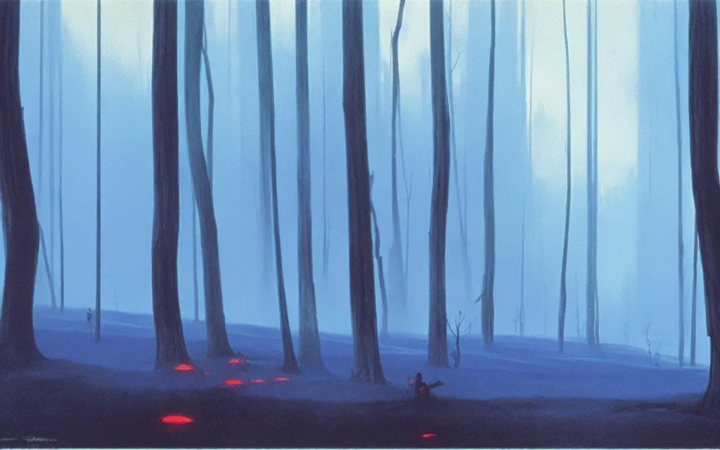 Prompt: red alert in the blue forest, atmospheric, mysterious, mist, high detail, concept art, by syd mead and roger deakins