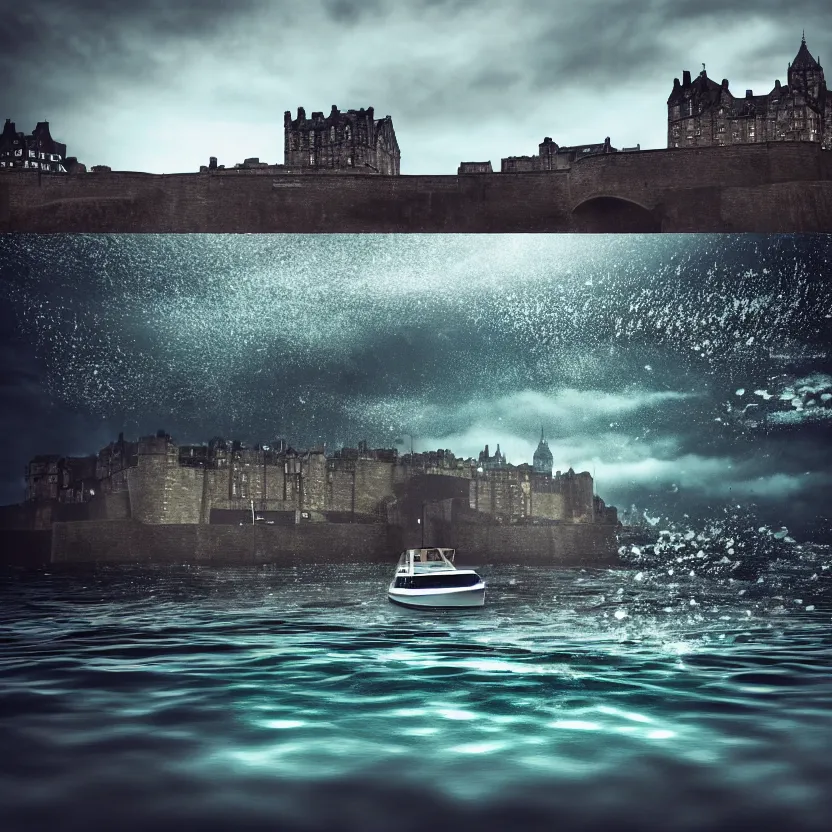 Prompt: photo of edinburgh city underwater, underwater view of boat wake, edinburgh castle, sharp focus, surrealism, cinematic concept art, unreal engine, 4 k wallpaper, national geographical