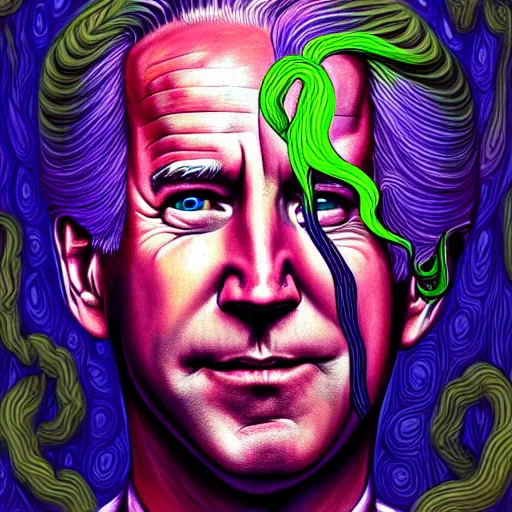 Image similar to an extremely psychedelic portrait of joe biden as medusa, surreal, lsd, face, detailed, intricate, elegant, lithe, highly detailed, digital painting, artstation, concept art, smooth, sharp focus, illustration