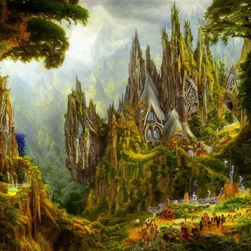 Image similar to a beautiful and highly detailed epic oil painting of an elven palace in the mountains, lush valley, beautiful trees, tangled rune vines, ancient stone runes, intricate details, epic scale, insanely complex, 8 k, sharp focus, hyperrealism, fantasy landscape, psychedelic, by caspar friedrich, brian froud, albert bierstadt,