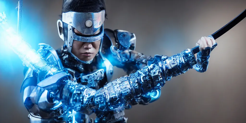 Image similar to a photo of cyborg samurai slashing a training dummy with a blue katana, futuristic, holographic, 8k, sharp focus, fujifilm