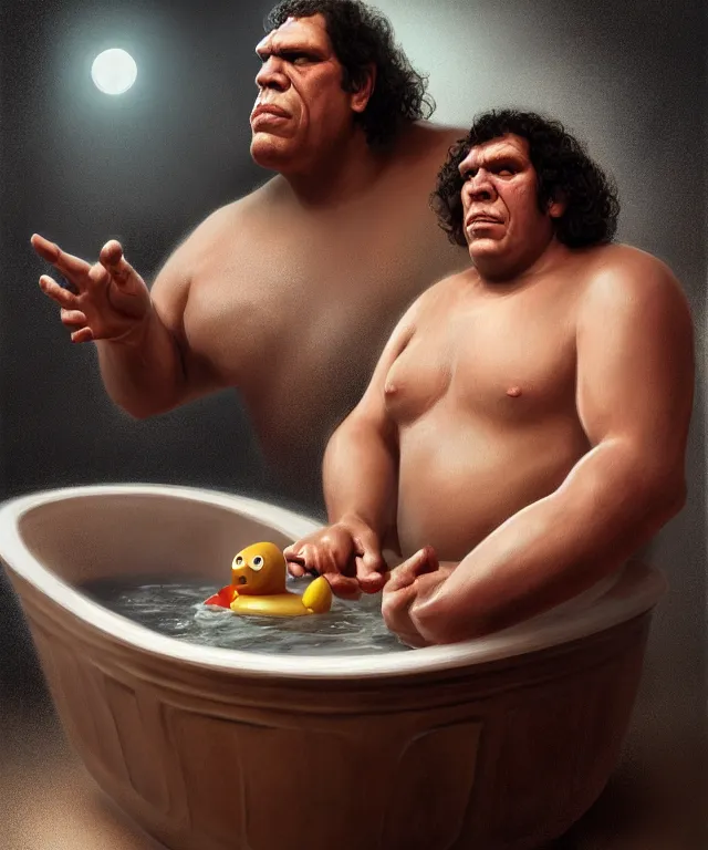 Image similar to andre the giant, cinematic, in a bathtub, holding a rubber ducky, elegant, highly detailed, digital painting, artstation, smooth, hard focus, illustration, art by jessica rossier and and brian froud