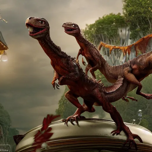 Image similar to velociraptors riding on tea cup ride, photorealistic, high resolution, vray, hdr, hyper detailed, insane details, intricate, elite, ornate, elegant, luxury, dramatic lighting, octane render, weta digital, micro details, 3 d sculpture