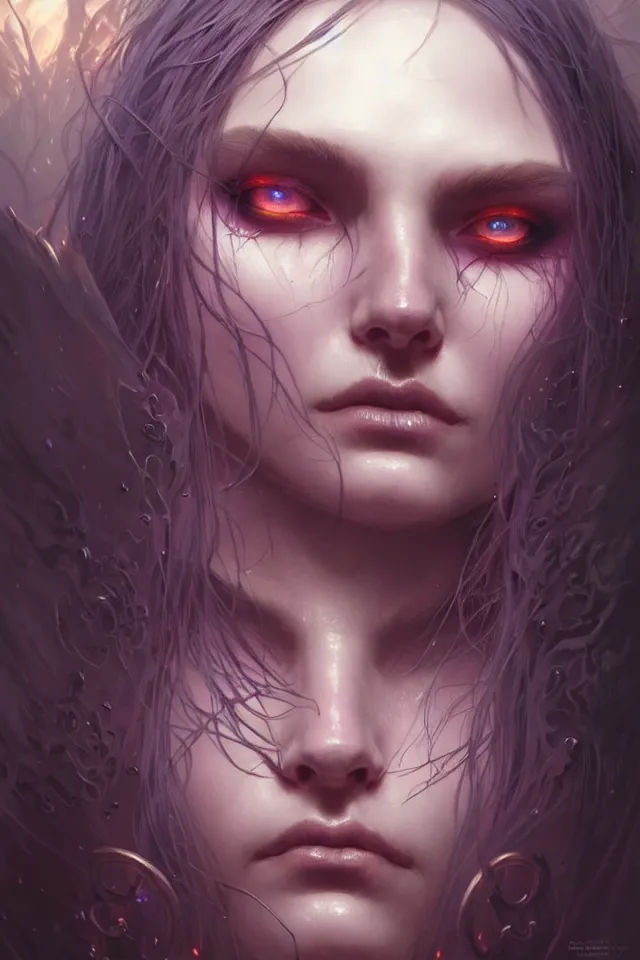 Image similar to Necromancer Sorceress face close-up macro in center, fantasy magic, undercut hairstyle, dark light night, intricate, elegant, sharp focus, illustration, highly detailed, digital painting, concept art, matte, art by WLOP and Artgerm and Greg Rutkowski and Alphonse Mucha, masterpiece