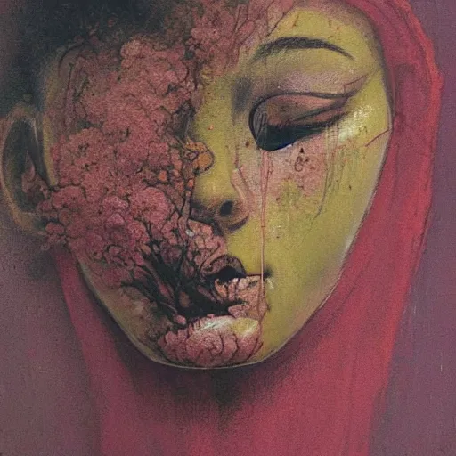 Image similar to a beautiful woman, a beautiful woman, epic floral composition of deadly silence, intense emotion, powerful painting, gritty feeling, imagining a blissful fate, hope, anger, rage, willing, deconstructed, chaotic, expressive, neo-expressionism, by Francis Bacon, by Beksinski, by Abbas Kiarostami, by Kurosawa, by Hokusai, war photography, colorful, dreams, photojournalism