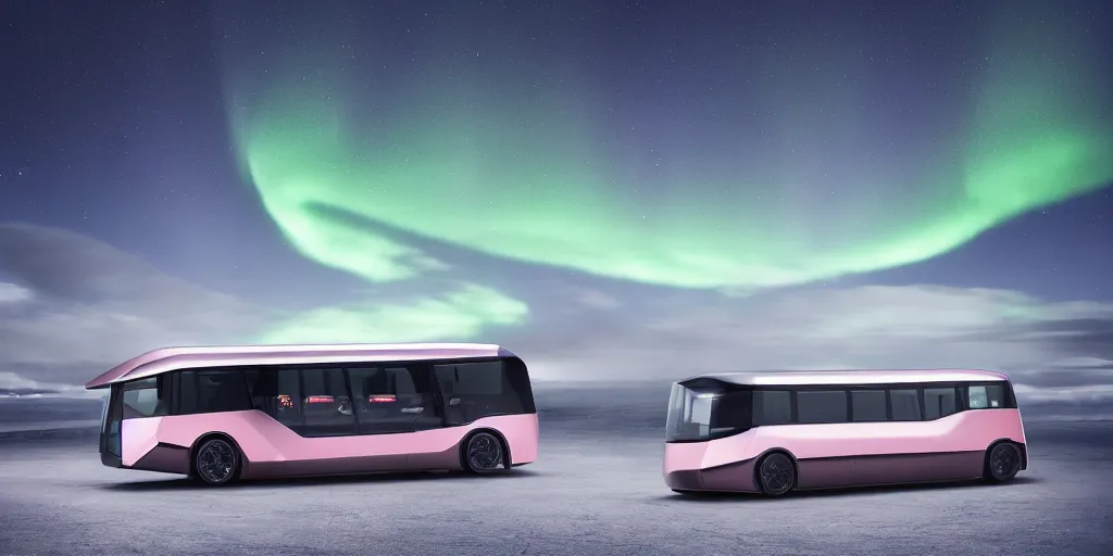 Image similar to a design of a futuristic bus, designed by Polestar and DMC, northern lights background, brushed rose gold car paint, black windows, dark show room, dramatic lighting, hyper realistic render, depth of field